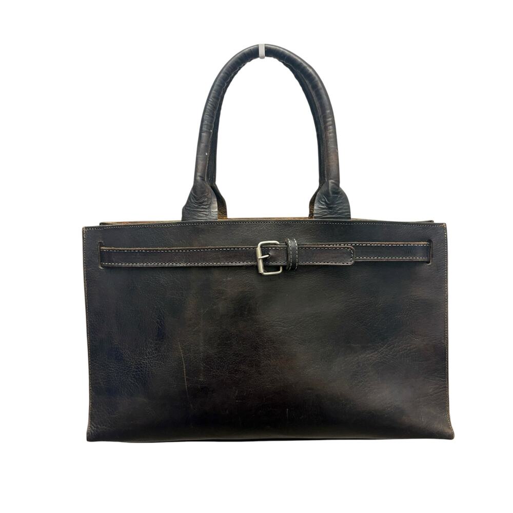 Vintage Dark Brown Leather Structured Tote Minimalist Buckle Heritage Satchel
